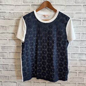 Women’s Brooks Brothers blue lace over white short sleeve shirt Large